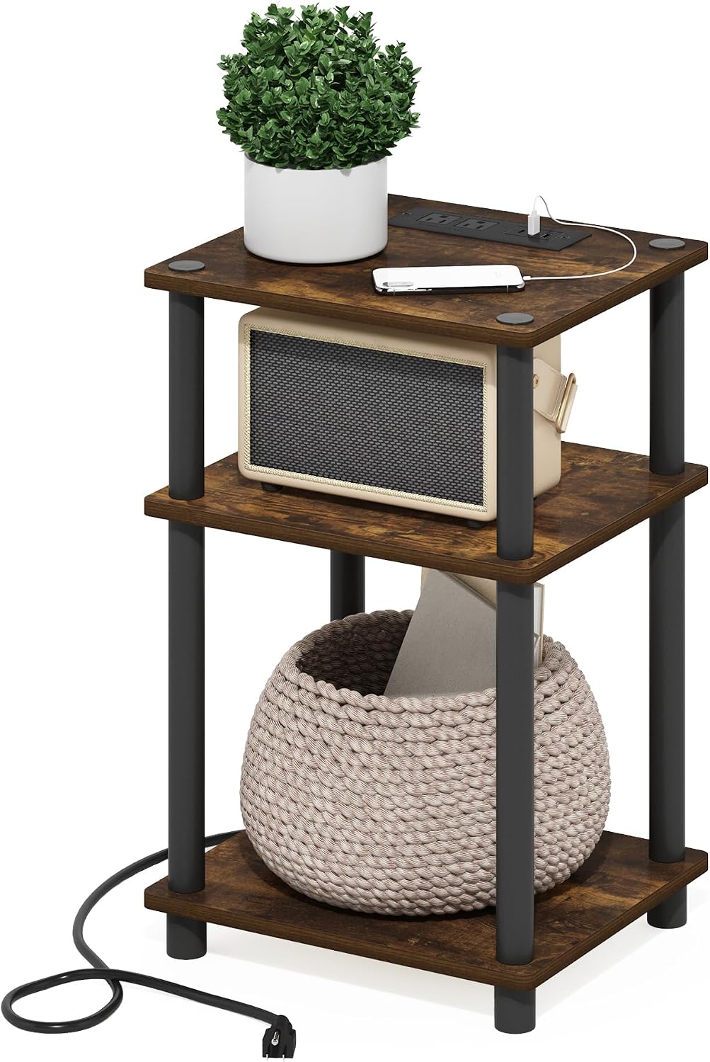 Furinno Turn-N-Tube End Table Corner Shelves, Set of 2, Dark Cherry/Black | Stackable Modern End Table with Open Shelf, Night Stand, Bedside Table, for Living Room, Bedroom