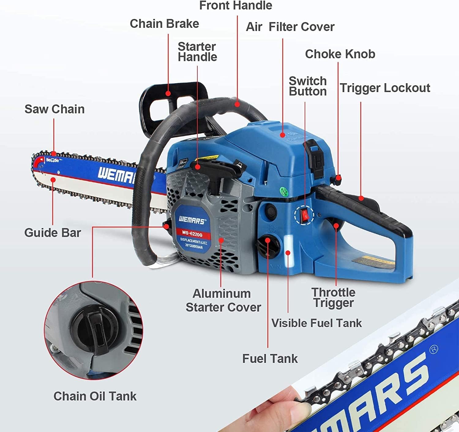 2-cycle 63CC Chainsaw Saw Gas Powered 20" Chain Saws Cordless Petrol Saw Handheld Chainsaw for Cutting Wood Trees Branches (63ACK)