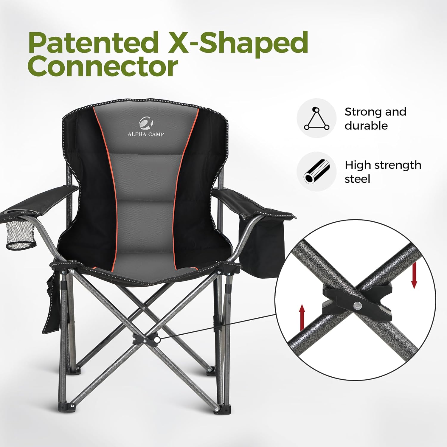 ALPHA CAMP Oversized Fully Padded Camping Chairs with Lumbar Support | Heavy duty 500 LBS, Steel Frame, Sturdy, Durable, Cooler Bag