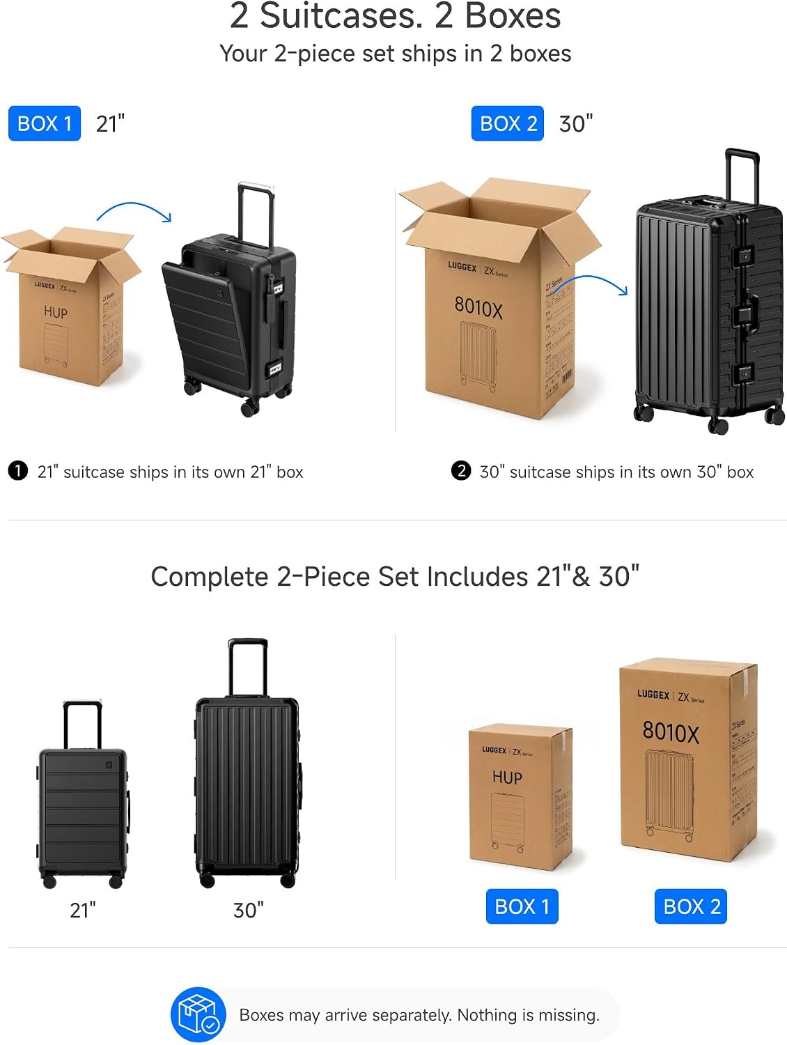 LUGGEX Front Opening Zipperless Carry On Suitcase, Black, 21" | Carry On Luggage, Front Opening, Airline Approved, TSA Lock, 8 Spinner Wheels, 36L Capacity, HUP-Pro Hard Shell, ZX-Core
