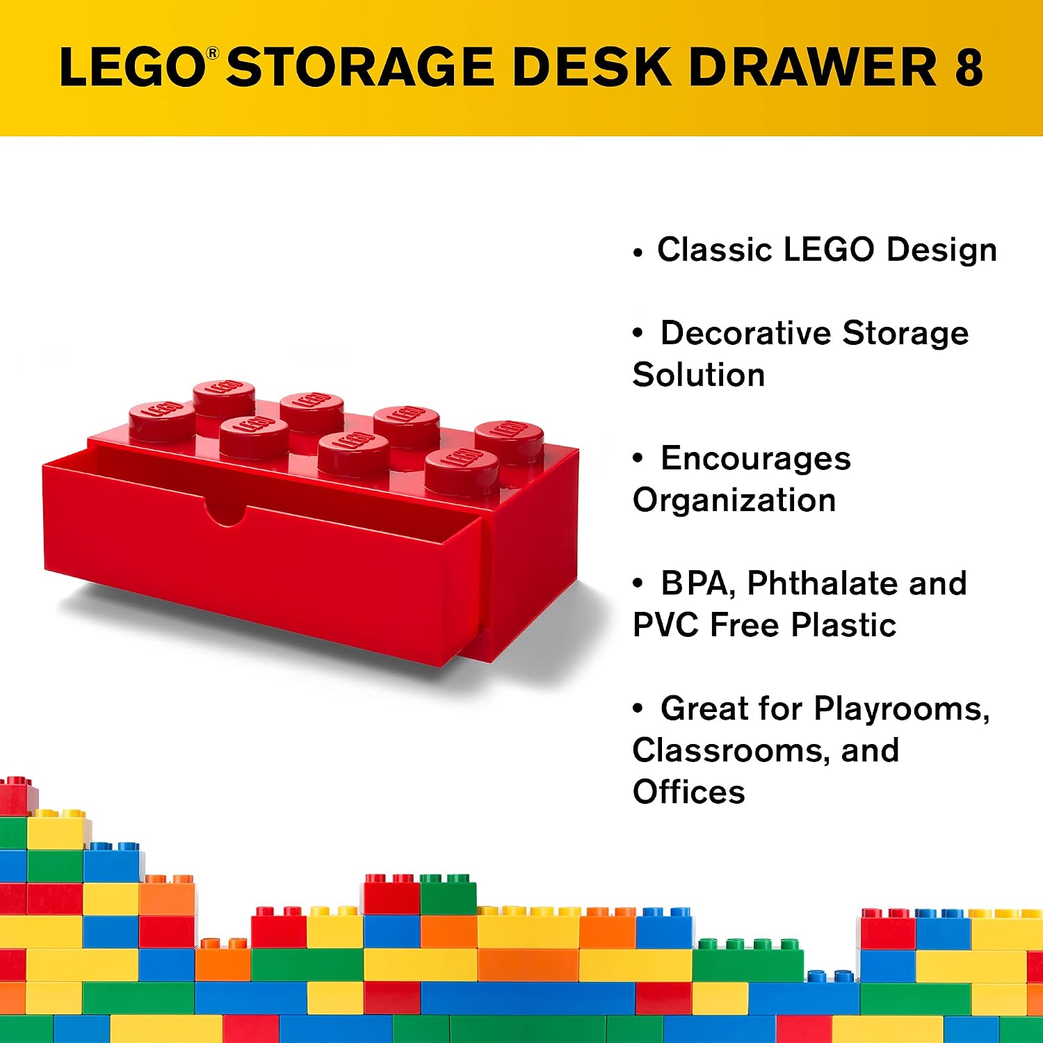 Room Copenhagen Lego Storage Brick 8 Desk Drawer, 8-Stud Stackable Tabletop Storage Box, 12.4 x 6.2 x 4.4 in