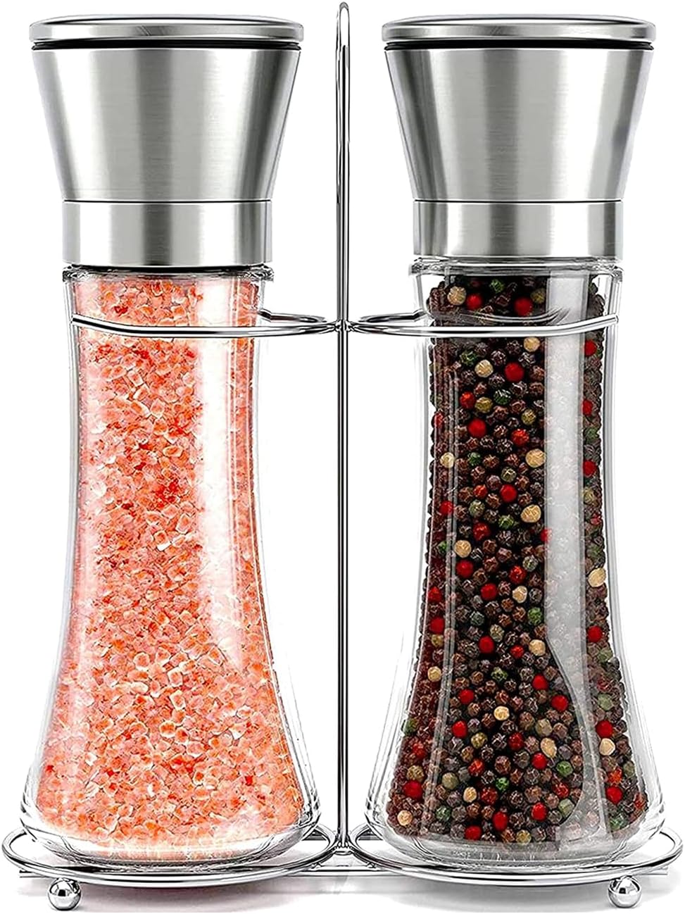 Willow & Everett Salt & Pepper Grinder Set with Stand - Stainless Steel Manual Mills & Holder with Adjustable Coarseness