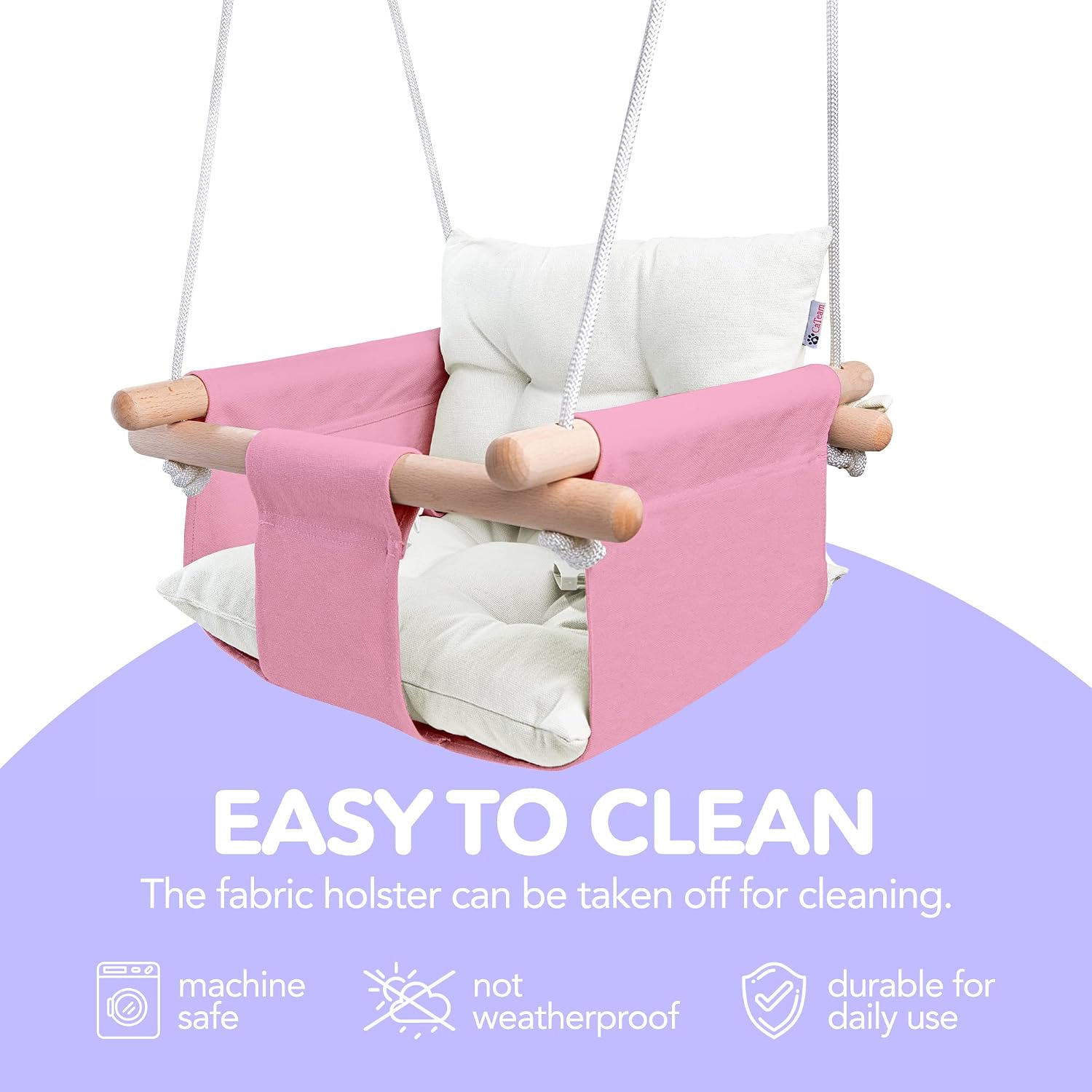 CaTeam Canvas Baby Swing Seat with 5-Point Safety Belt — Wooden Hanging Toddler Swing, Indoor & Outdoor, Ages 1-4, Ceiling Mount Hardware Included