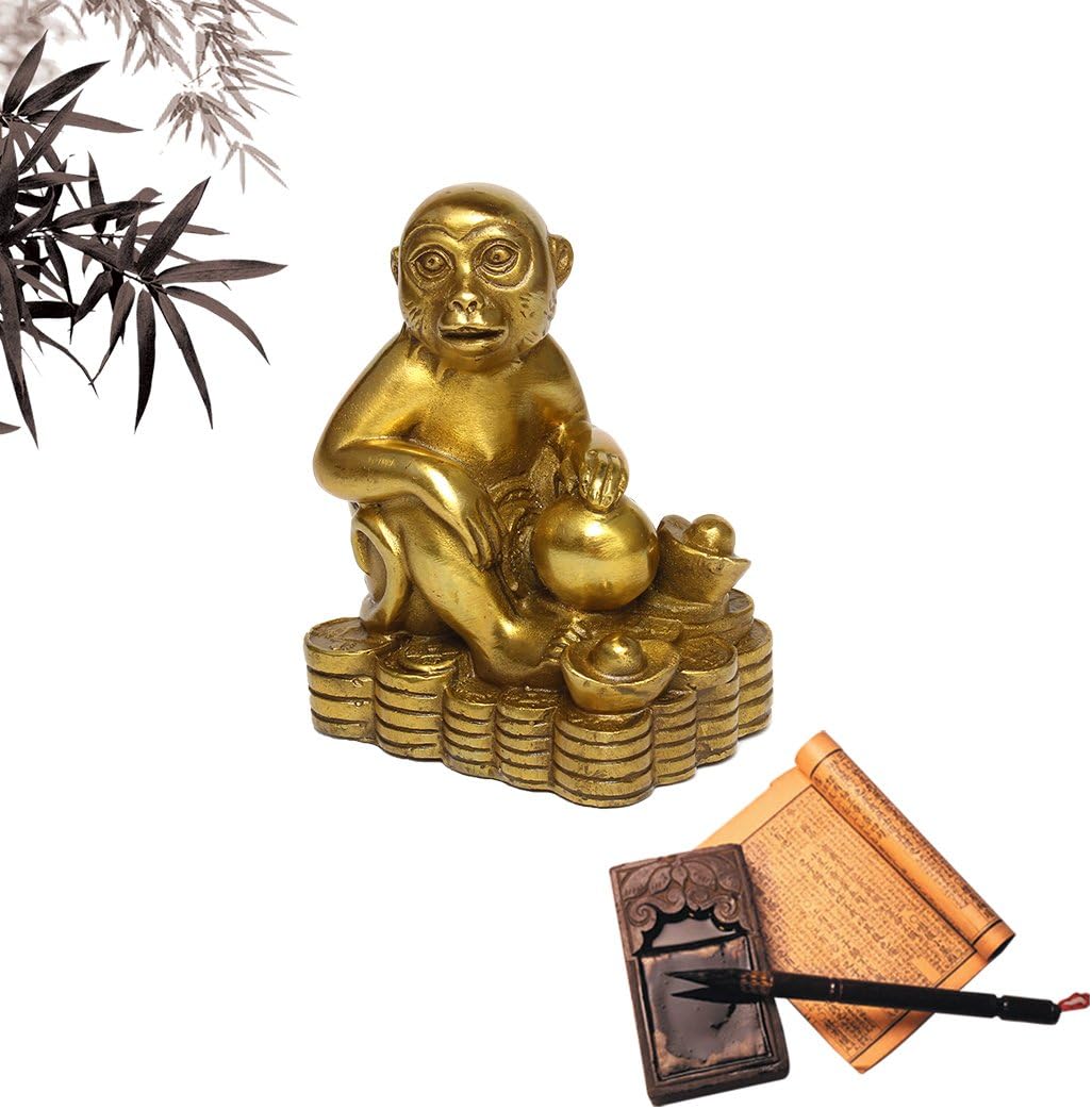 Brass Zodiac Monkey Statue, Chinese Feng Shui Decor for Wealth Luck | Golden Money Monkey Figurine, Home Desk Office Decor, Career & Wealth Decor