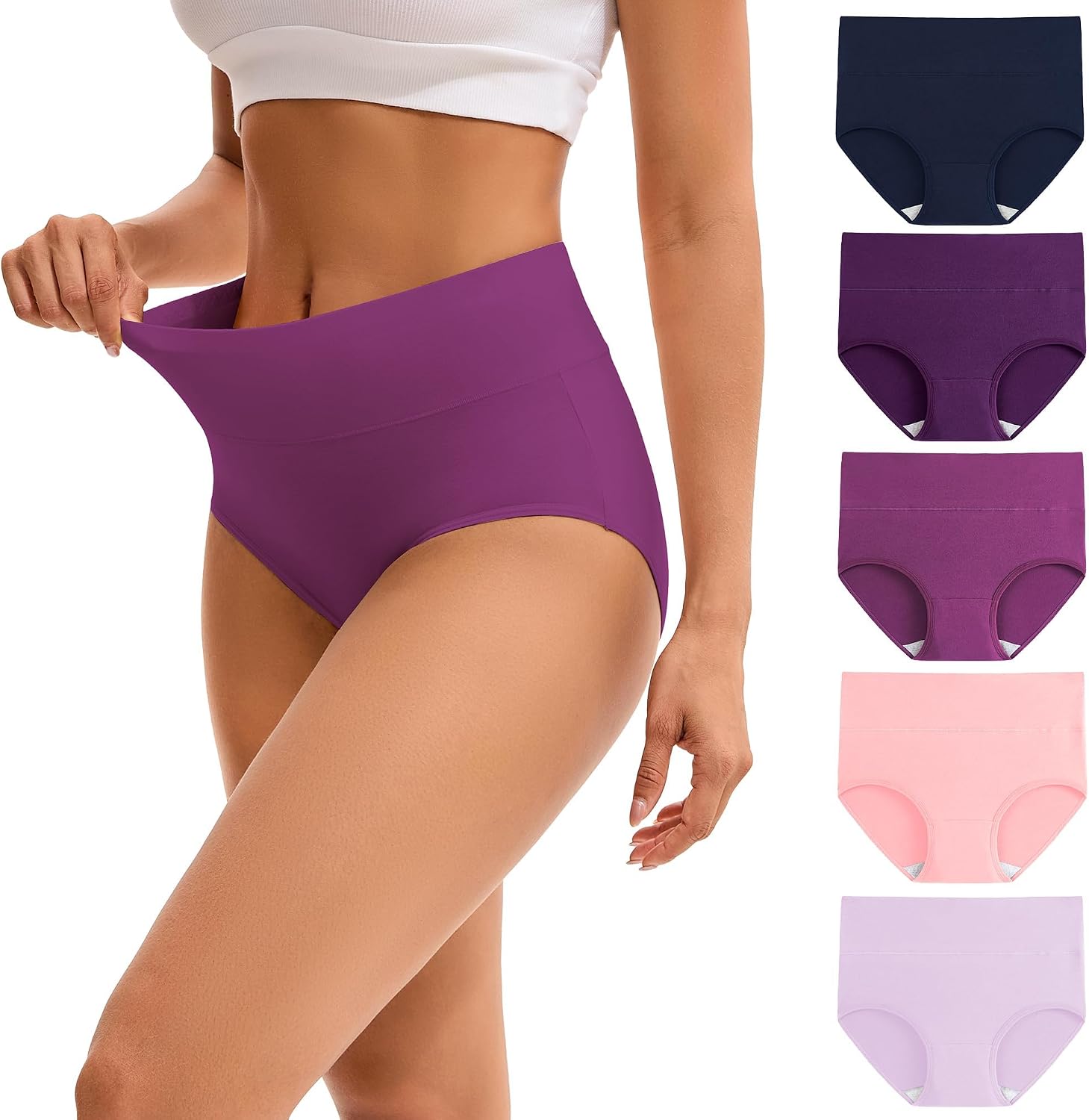 INNERSY Women's High Waisted Underwear Cotton Panties Regular & Plus Size 5-Pack