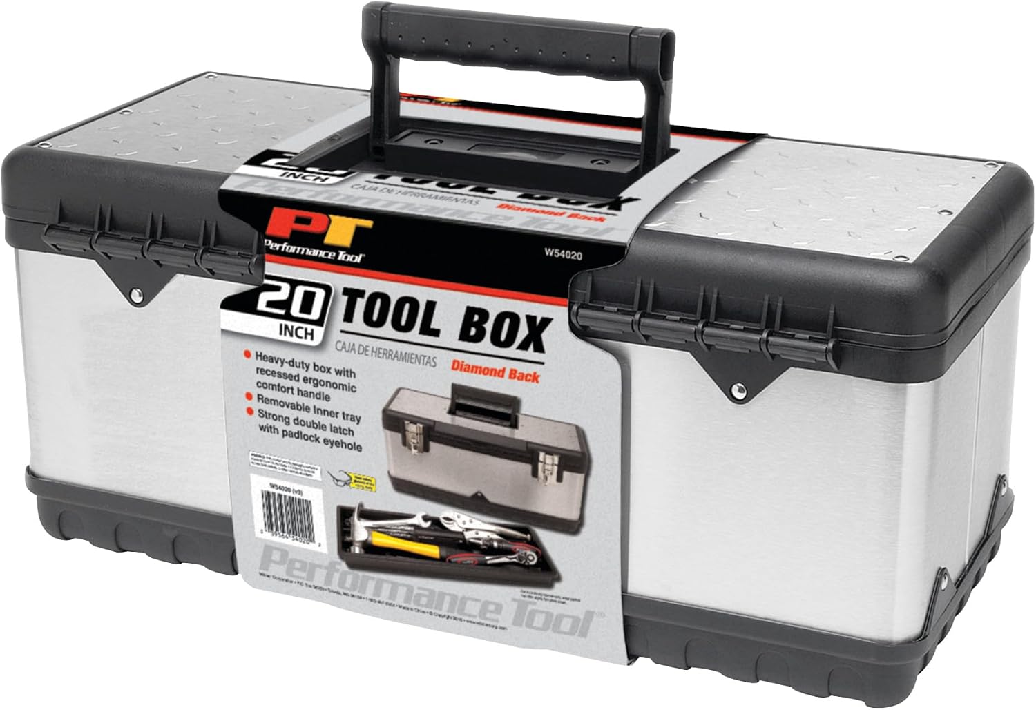 Performance Tool W54026 26 in. Steel Tool Box with Removable Tote | Heavy duty steel storage box and organizer. Recessed ergonomic comfort handle. Strong double latch with padlock eyehole