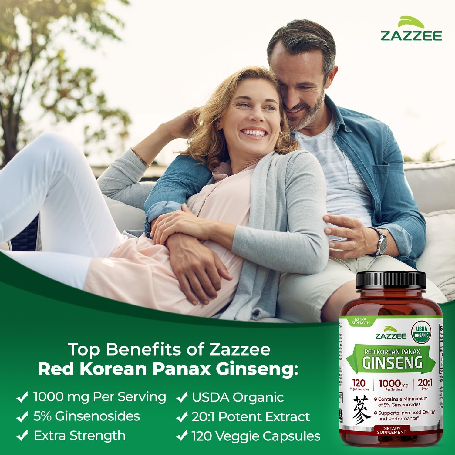 Zazzee USDA Organic Red Korean Panax Ginseng 20:1 Extract, 120 Capsules | 1000 mg Per Serving, 5% Ginsenosides, Vegan, 4 Month Supply