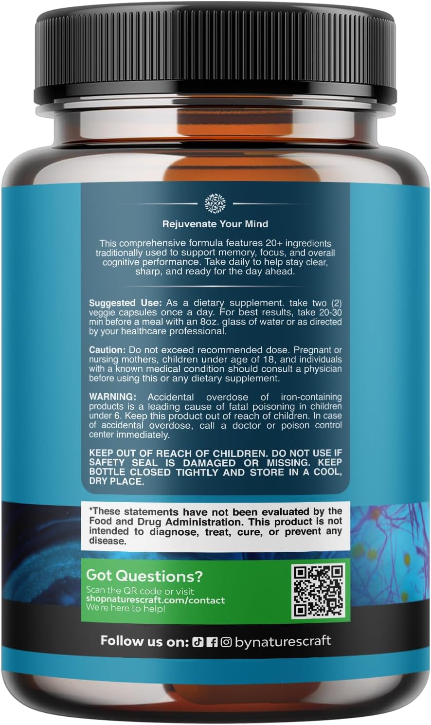 Nootropic Brain Supplement for Memory and Focus Support - Vitamins for Mental Support & Clarity with Bacopa Monnieri, VIT A, B6, Riboflavin, Niacin, Thiamin & Folate - Cognitive Complex - 60 Count