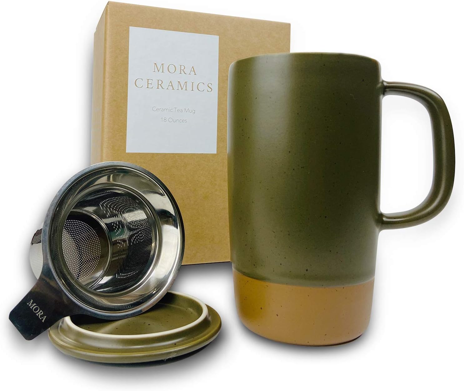 Mora Ceramics Large Tea Mug with Loose Leaf Infuser and Ceramic Lid, 18 oz, Portable, Microwave and Dishwasher Safe