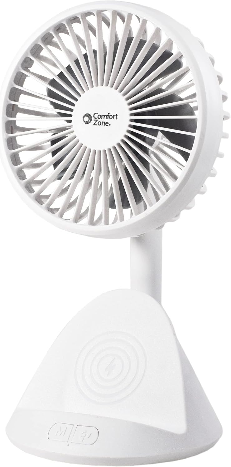 Comfort Zone Rechargeable Fan with Wireless Charger, 4 inch, USB Chargeable Lithium Battery, Adjustable Tilt, Powerful & Portable, Cooling & Charging