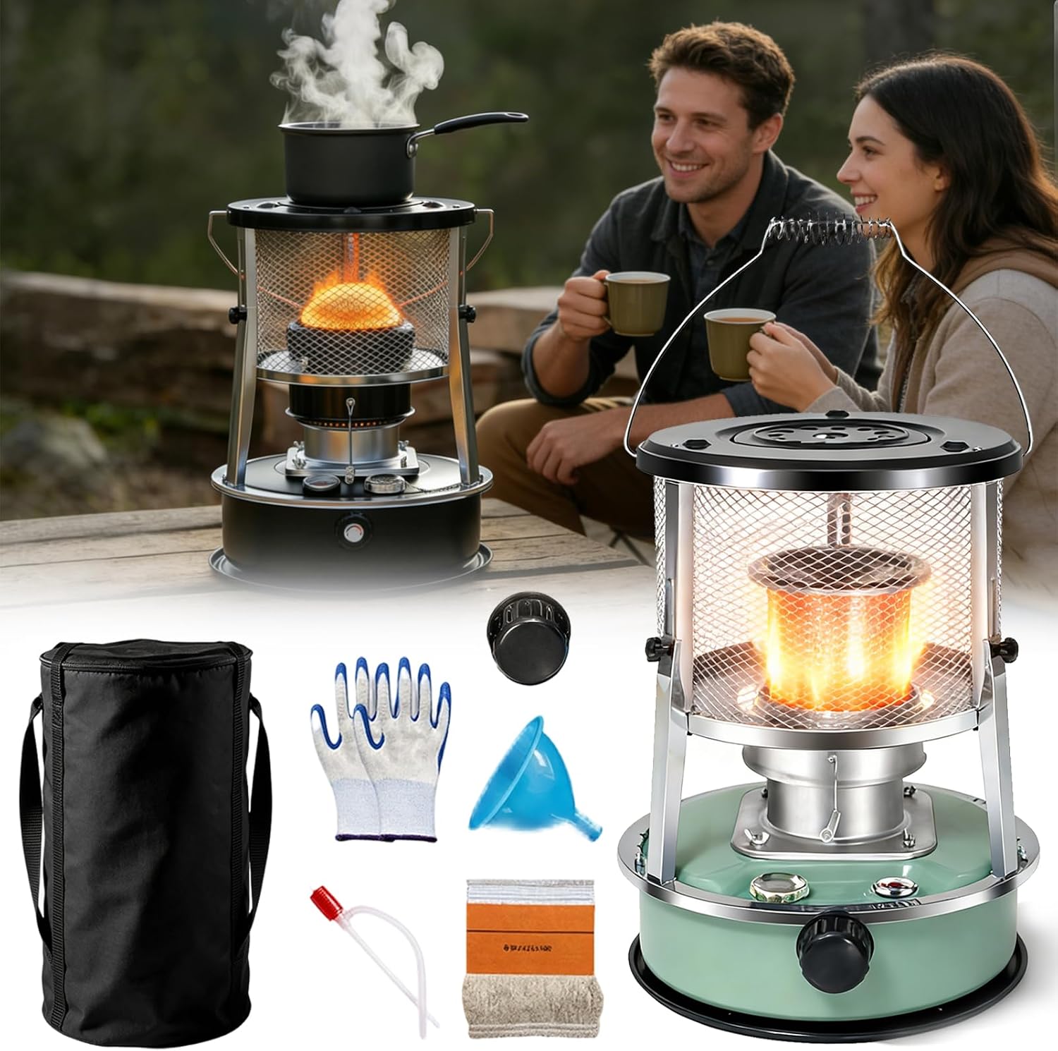 Indoor Heater Non-Electric, 9000 BTU Portable Kerosene Heater for Indoor & Outdoor Use, with Cooking Function, 6 Wicks & Bag, Height Adjustable for Camping, Emergency Heat & Survival (Black)