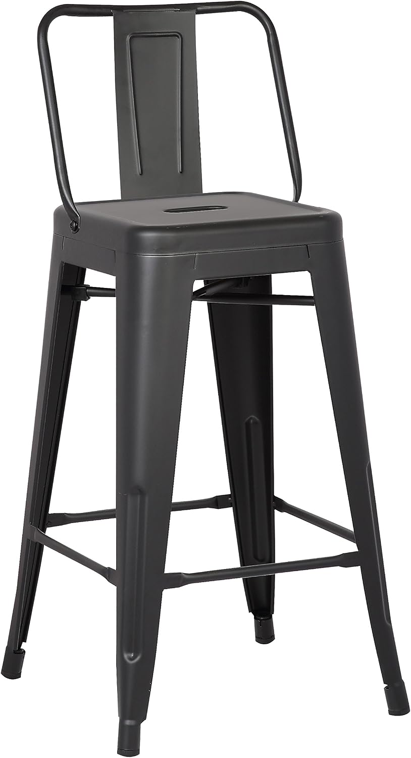 AC Pacific 30” Metal Barstool Set of 2 – Country Rustic Style with Low Back, Lightweight & Sturdy Build, Easy Assembly – Matte Black