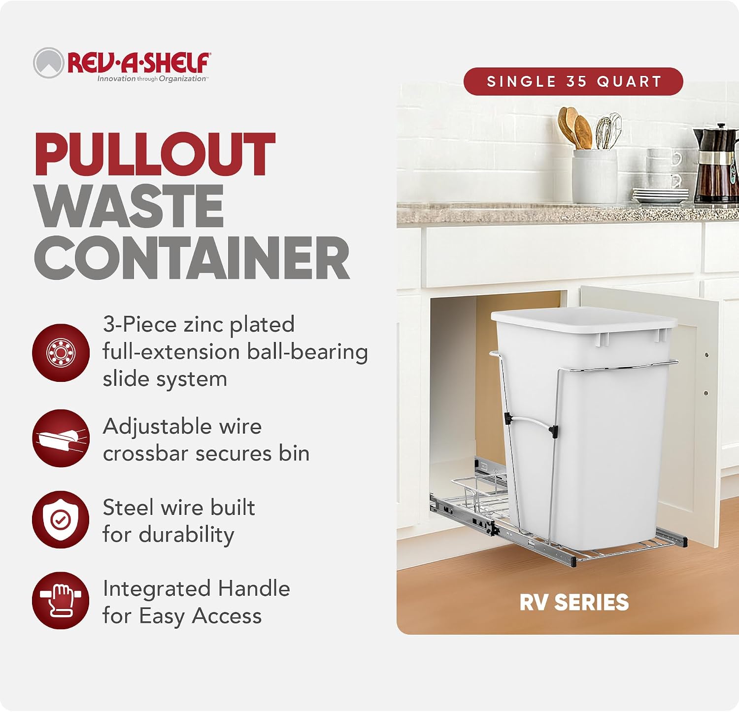 Rev-A-Shelf Pullout Trash Can for Kitchen Cabinets, Black Waste Bin, 35 Qt | Large Capacity Garbage/ Recycling Waste Container, Heavy Gauge Metal Wire Construction w/Full Extension Slides, RV-12KD-18C S