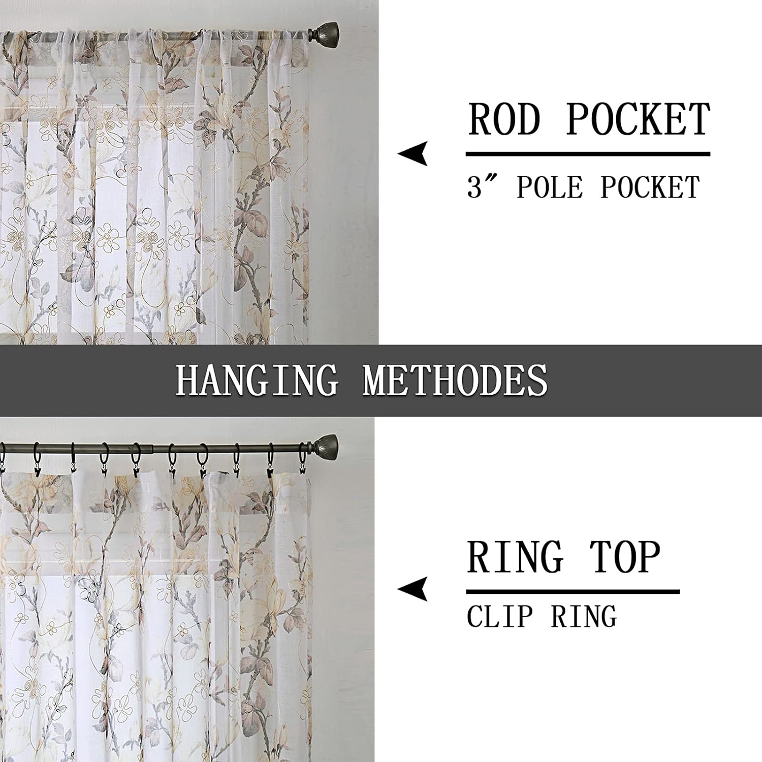 Tollpiz Floral Grey Sheer Curtain Flower Print Vine Embroidery Bedroom Curtains Rod Pocket Voile Window Curtain for Living Room, 54 x 84 inches Long