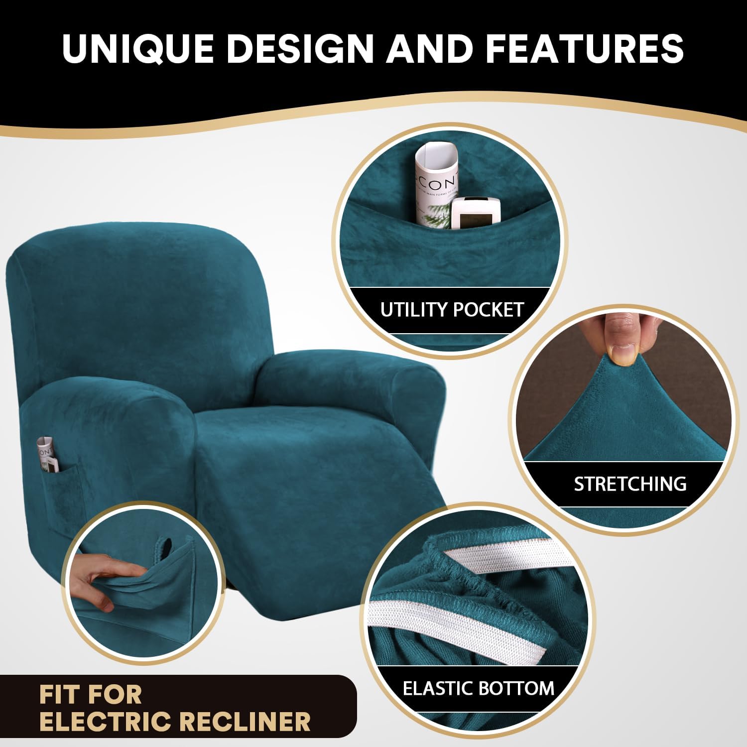 PrinceDeco Recliner Chair Cover Velvet Stretch Recliner Couch Covers 4-Pieces Style Recliner Chair Covers Recliner Cover for Reclining Chair