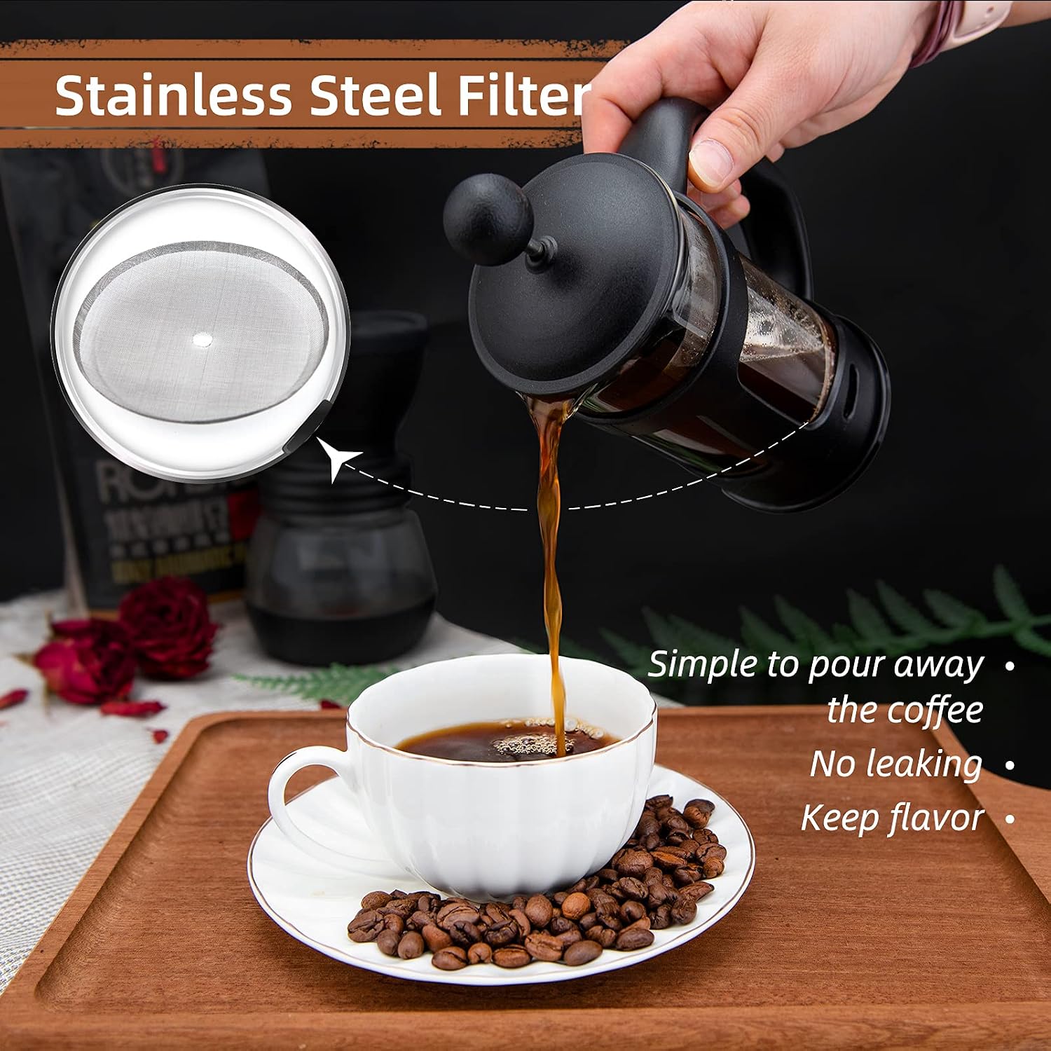 RAINBEAN Mini French Press Coffee Maker, 1 Cup, 12oz, Maximum Flavor Brewer with Stainless Steel Filter, 350ml - Small