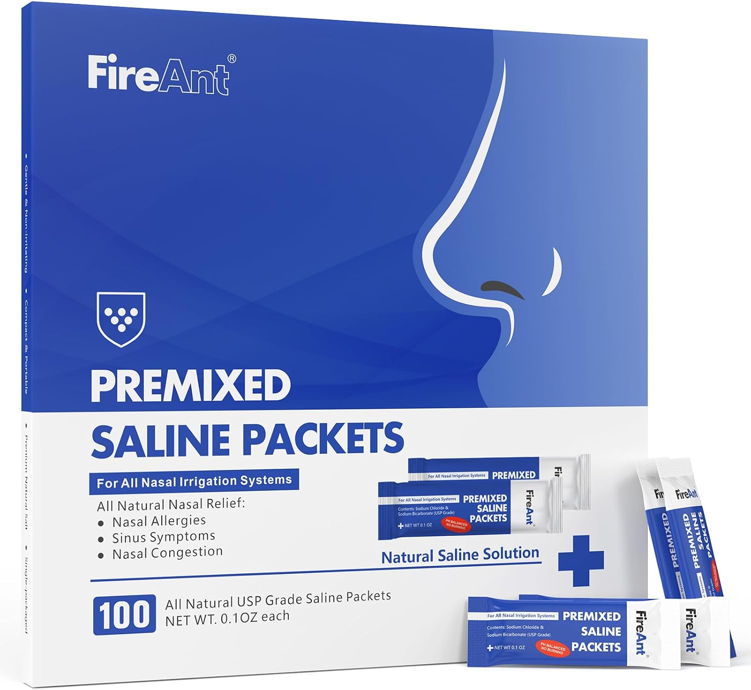 FireAnt Saline Packets Sinus Rinse, 100 Premixed Neti Pot Salt Packets for Nasal Rinse, All Natural, Pharmaceutical Grade, and PH Balanced - 100 Count