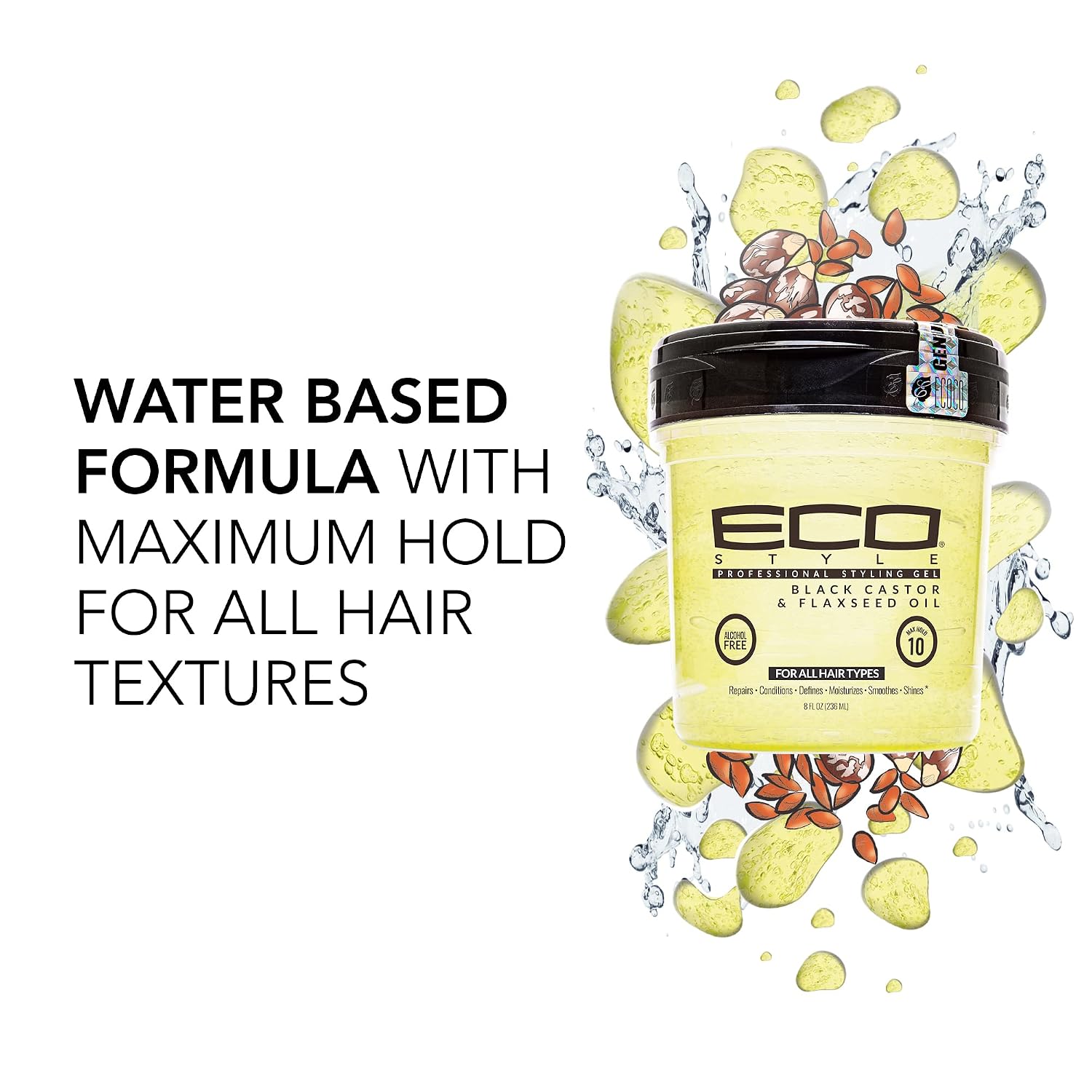 Eco Style Black Castor and Flaxseed Oil Styling Gel - Helps Nourish and Repair Damaged Hair - Promotes Healthy Scalp - Provides Superior and Weightless Hold - Delivers Long Lasting Shine - 8 oz