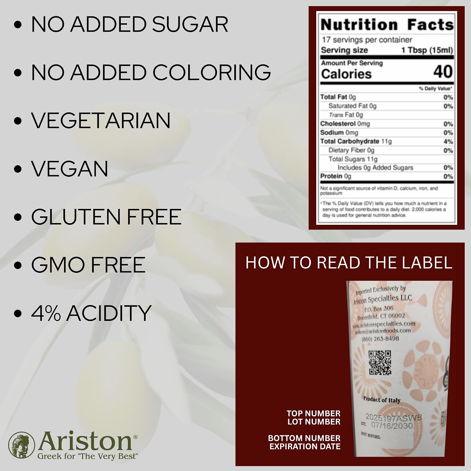 Ariston Aged Balsamic Vinegar of Modena, Traditional Flavored, 16.9 Fl Oz | Organic Gourmet Italian Vinegar, Oak Barrel Aged, Perfect for Salads, Pasta & Finishing Dishes, No Added Sugar, Vegan