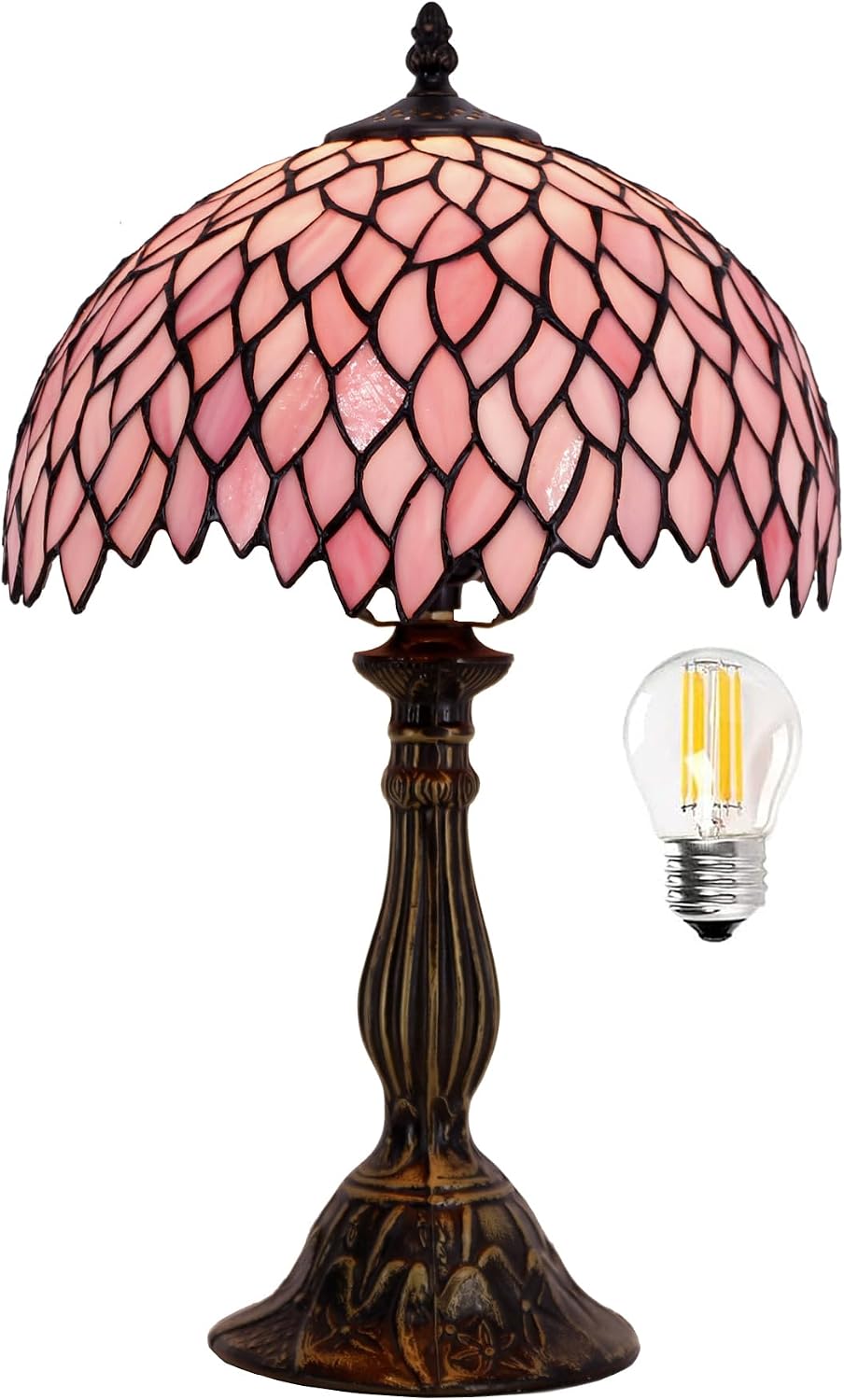 WERFACTORY Tiffany Table Lamp Pink Wisteria Style Stained Glass Desk Light | Bedside Reading Light 12X12X18 Inches Decor Bedroom Living Room Home