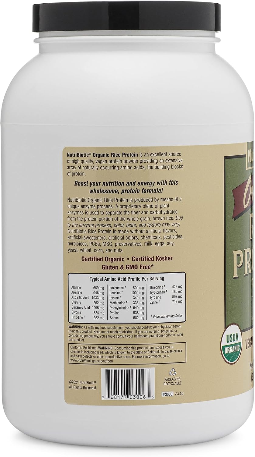 NutriBiotic Certified Organic Rice Protein Vanilla, 3 Lb. | Low Carbohydrate Vegan Protein Powder | Raw, Certified Kosher & Keto Friendly | Made Without Chemicals, GMOs & Gluten | Easy to Digest