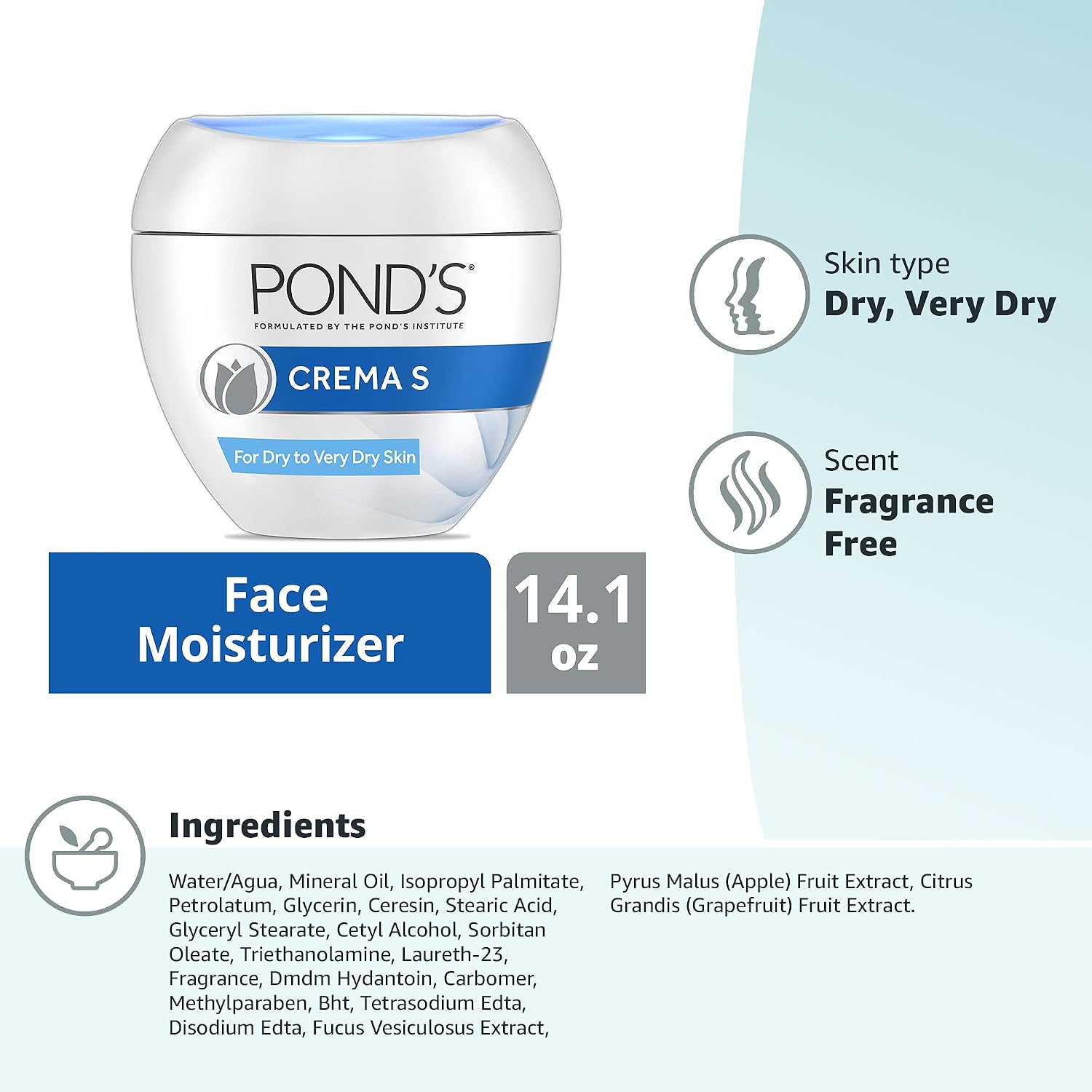 Pond's Nourishing Moisturizing Cream, Crema S, Fragrance Free, Ivory, 14.1 Oz