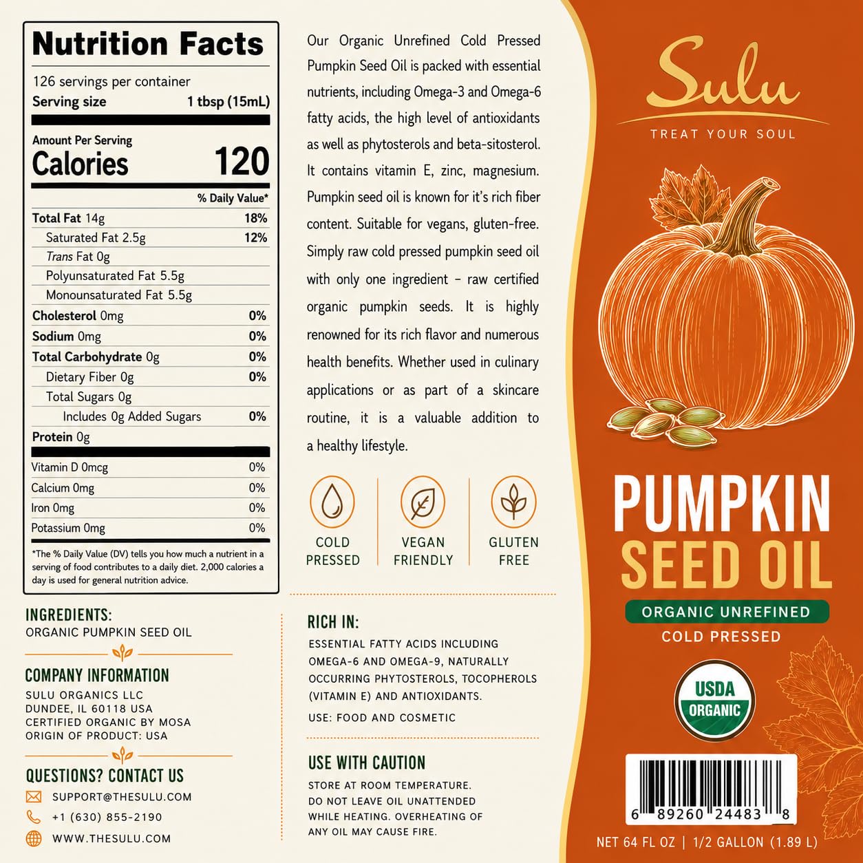 100% Pure Unrefined Virgin Pumpkin Seed Oil All Natural 4 lbs(64 fl.oz)