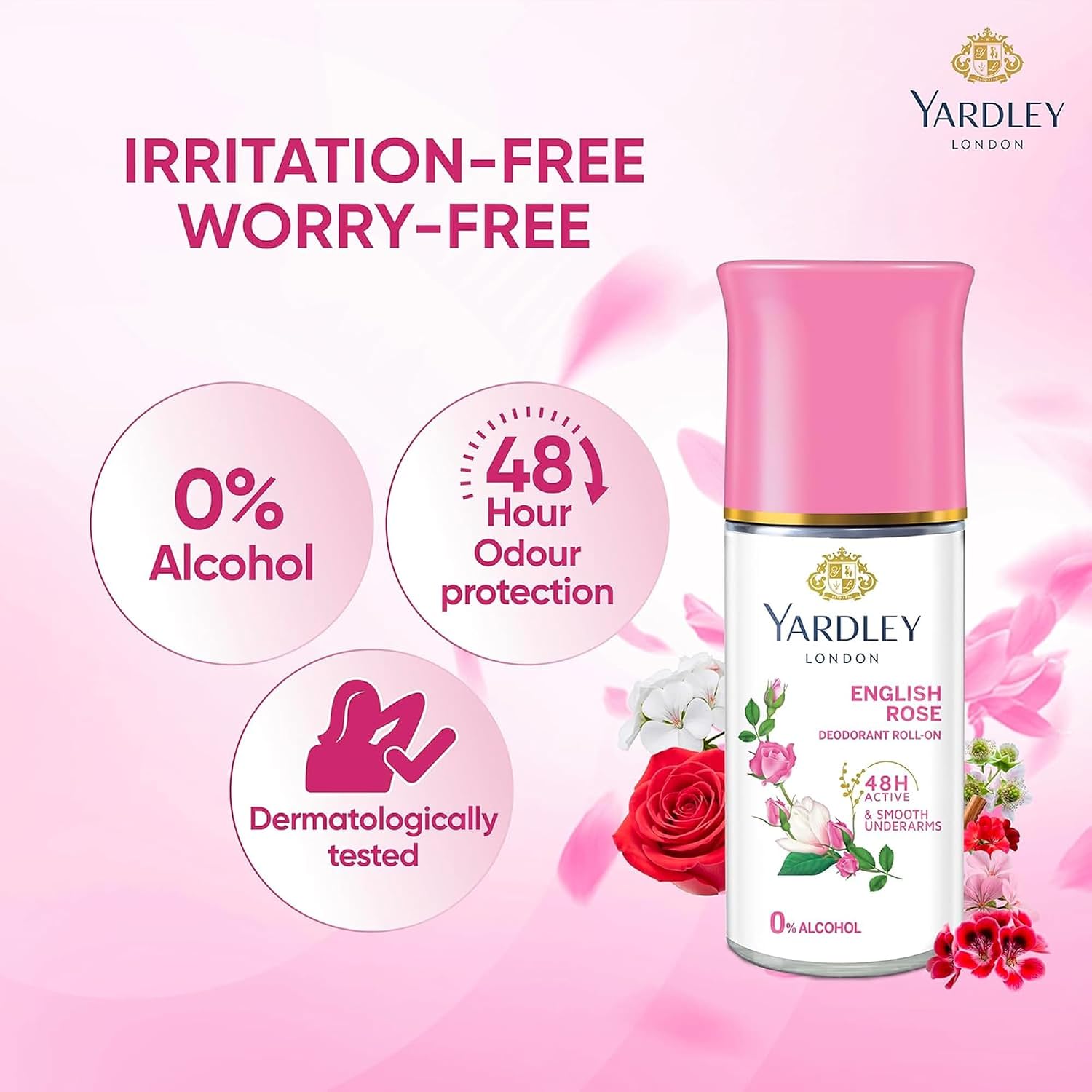 Yardley London English Rose Anti-Perspirant Deodorant Roll-On | 48-Hour Active | Alcohol-Free | 1.7oz (50ml)