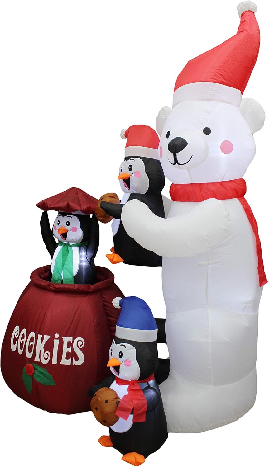 6 Foot Tall Animated Christmas Inflatable Polar Bear and Three Penguins