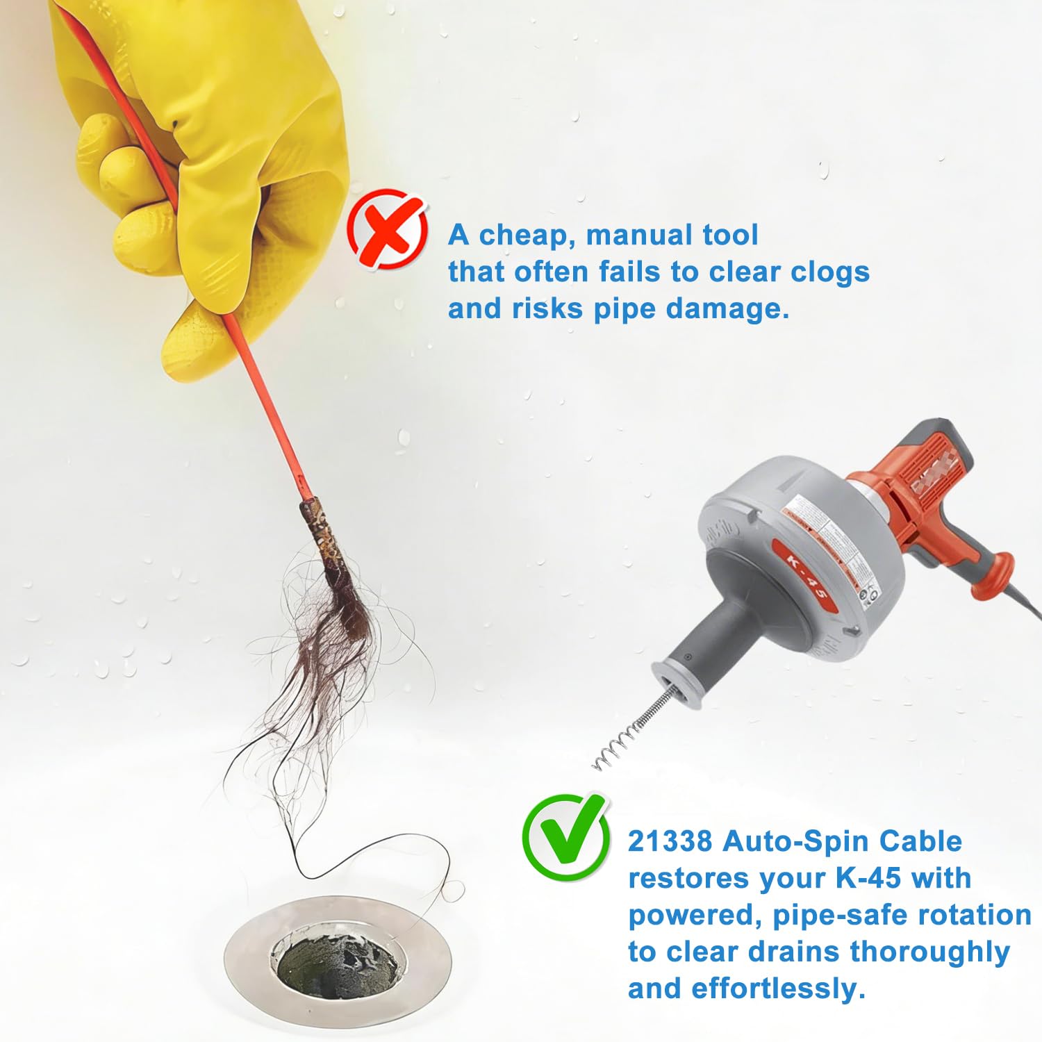 21338 Auto-Spin Replacement Cable for Ridgid - 1/4" x 30' Drain Snake Cable Compatible with K-45 Sink Machine