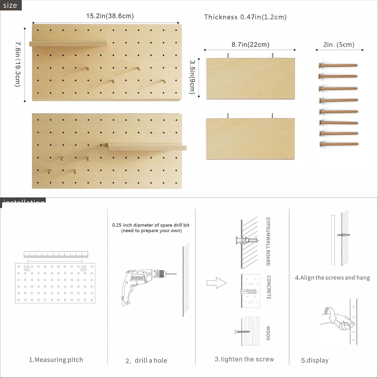 Wooden Pegboard Modular Display Organization Storage Wall Hooks Shelf(Color:Oak)