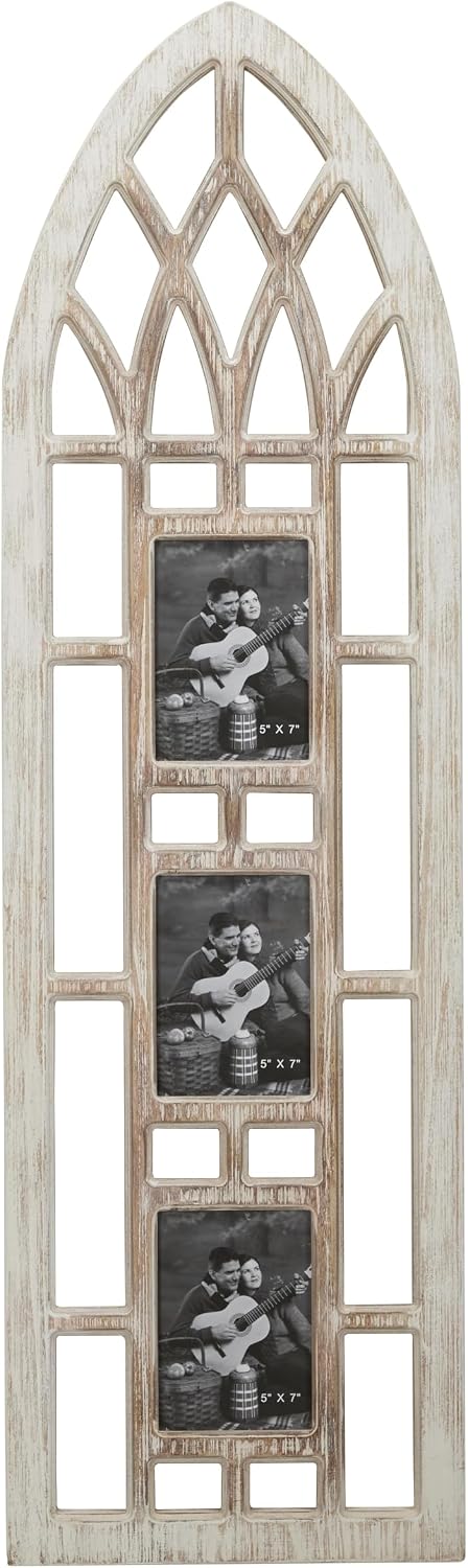 Deco 79 Wooden Wall Photo Frame Slim Arched Window Inspired 3 Slot , 14" x 1" x 47", Light Brown