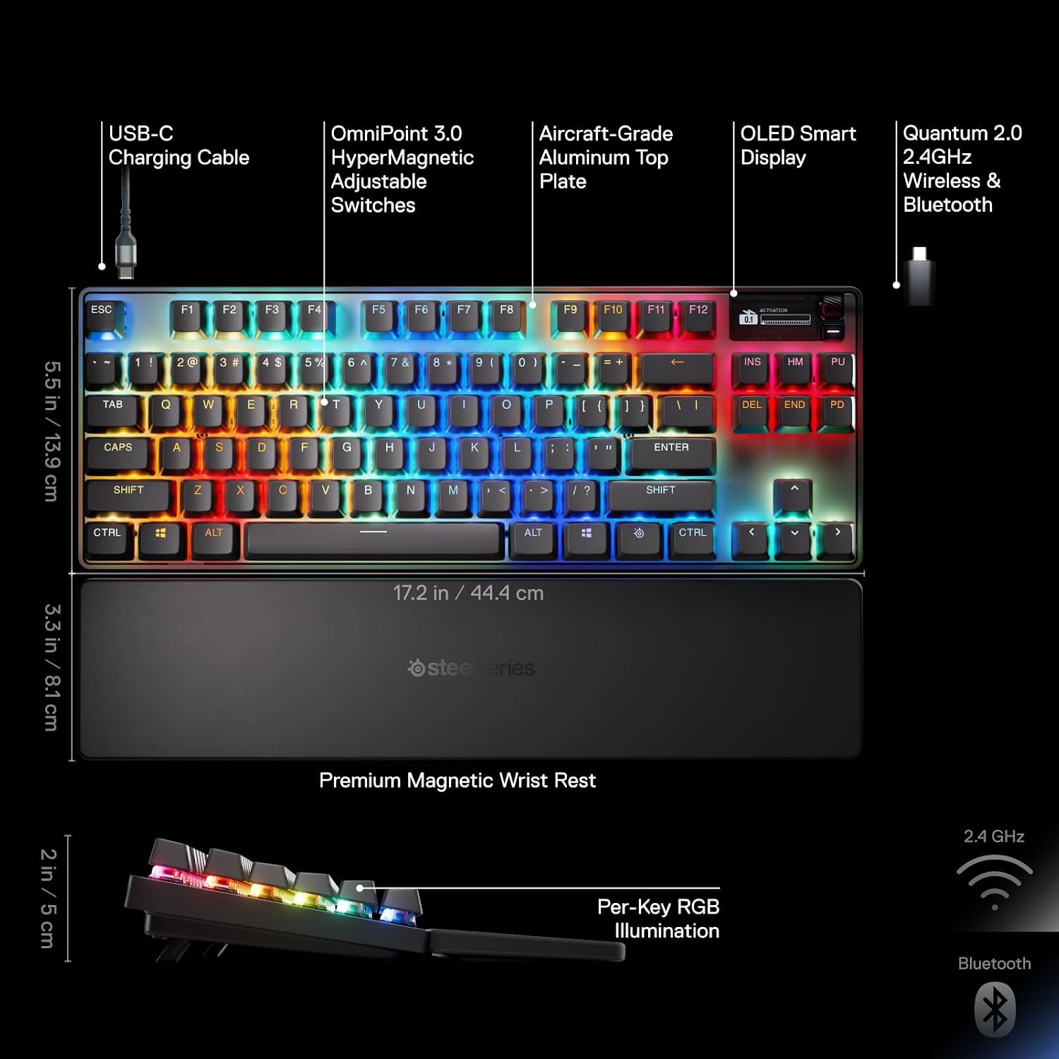 SteelSeries Apex Pro TKL Gen 3 - HyperMagnetic Gaming Keyboard - OmniPoint 3.0 Switches - Adjustable Response - Rapid Trigger - Rapid Tap/SOCD - OLED - PBT Keycaps - USB-C - US Layout QWERTY