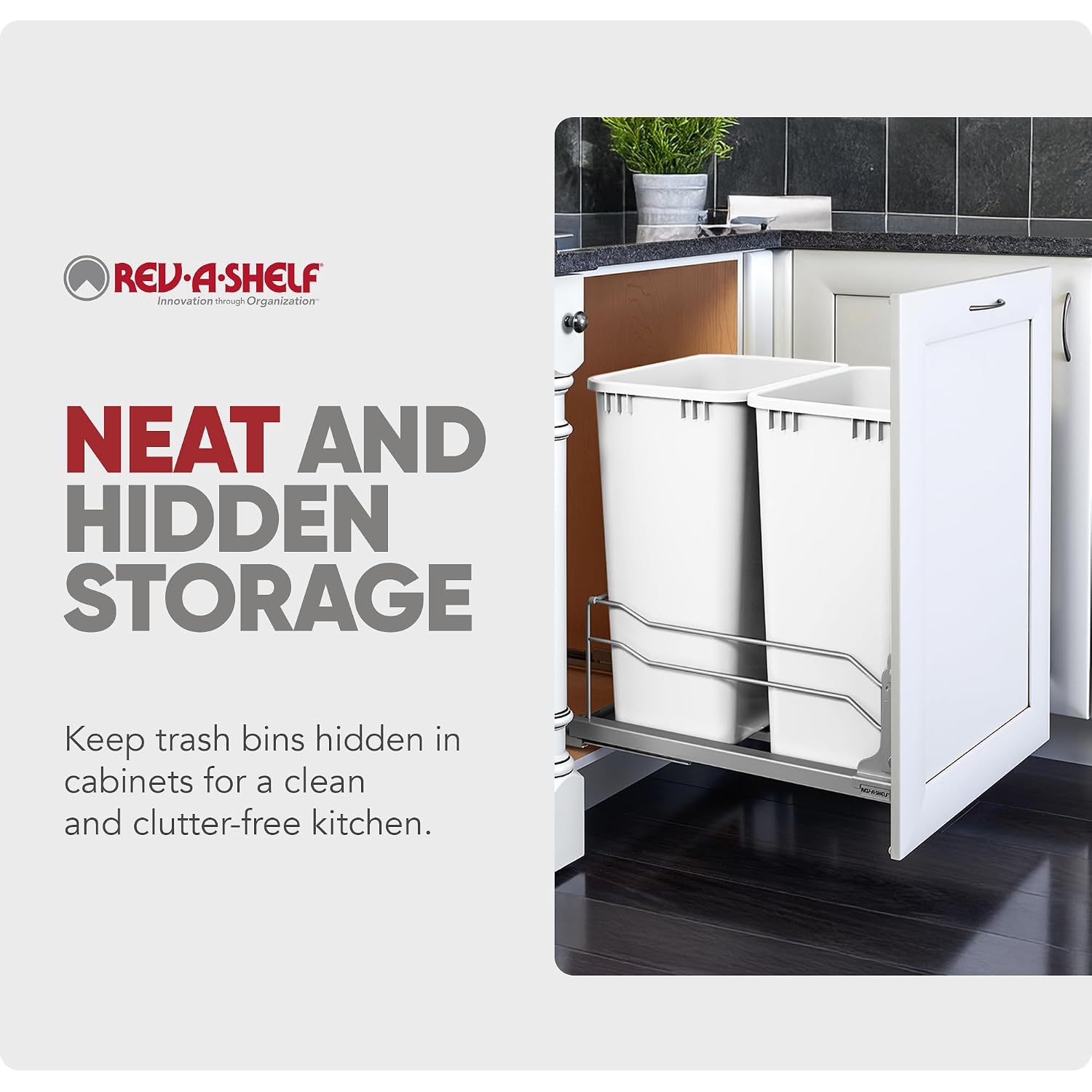 Rev-A-Shelf Double Pullout Trash Can w/Soft-Close Slides, 14.5" Min Opening | Large Capacity Garbage/ Recycling Bins for Full Height Kitchen Cabinets, Heavy Gauge Wire Construction, 53WC-2150SCDM-217