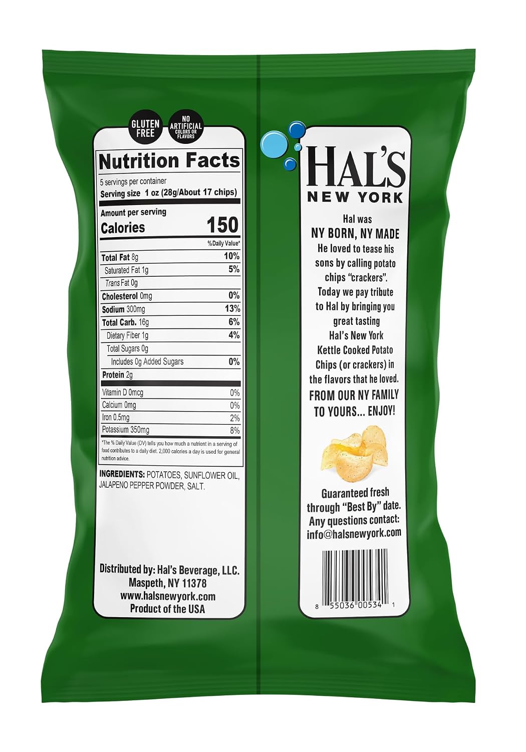 Hal's New York Kettle Cooked Potato Chips, Jalapeño, 5 Oz (Pack of 6)