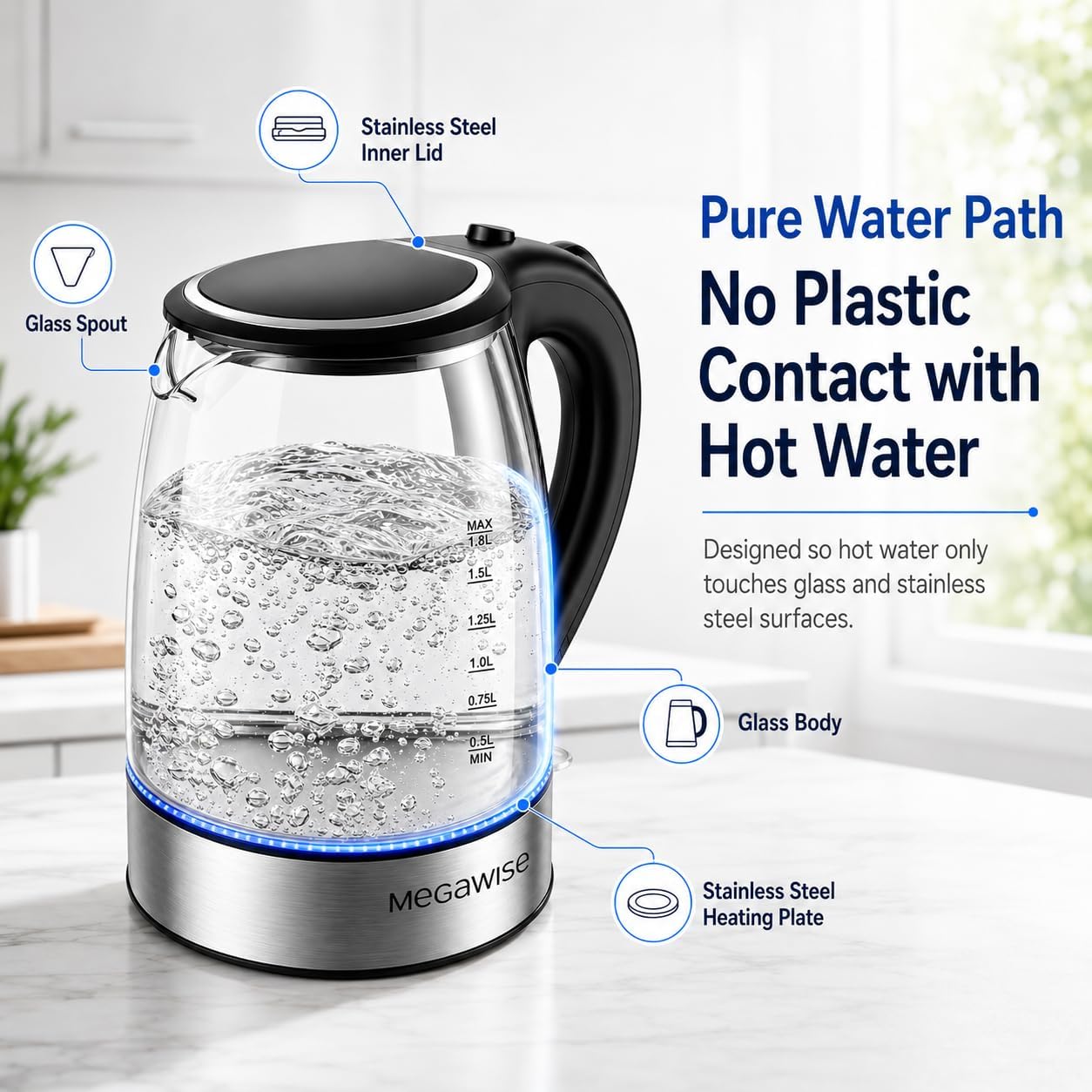 MEGAWISE 1.8L Electric Glass Kettle with Auto Shut-Off and Blue LED