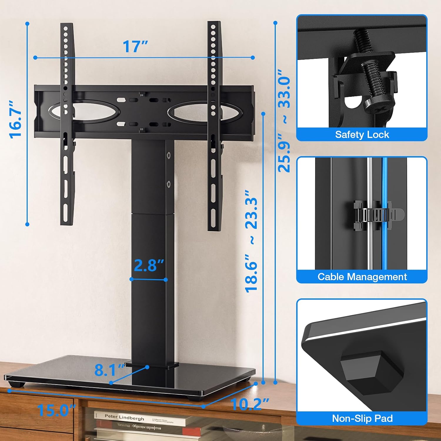 Rfiver Universal TV Stand for 32-75 inch TVs, Support Swivel and Tilt | Height Adjustable, Tempered Glass Base, Holds 110lbs, Max VESA 400x400mm, Ideal for Bedroom & Living Room