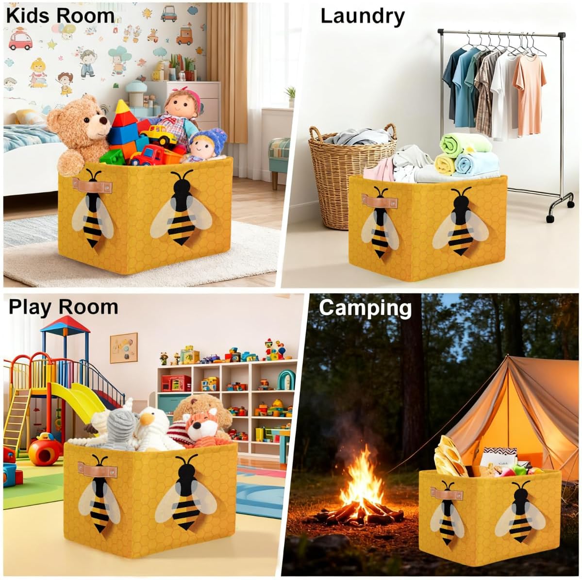 Cute Bee Square Storage Basket Bin Canvas Fabric Compressible Organizer Basket with Handle for Bedroom Nursery Office, 1PCS