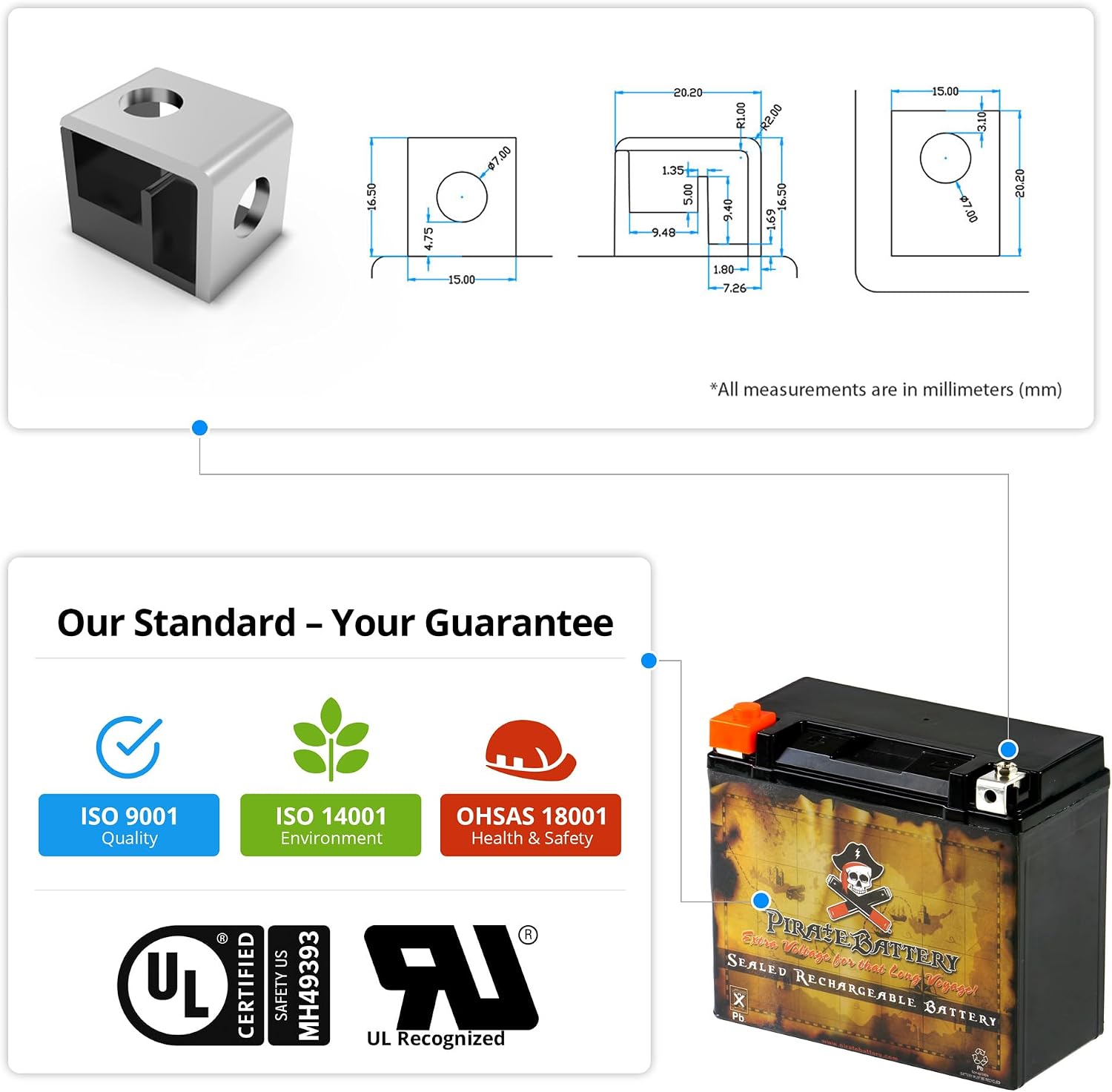 Pirate Battery YTX20HL-BS 310 CCA Maintenance-Free 12V 19Ah Battery Replacement for ATV, Harley Davidson Motorcycle, Jet Skis, Scooter, UTV, and More - Nut and Bolt (T3) Terminal