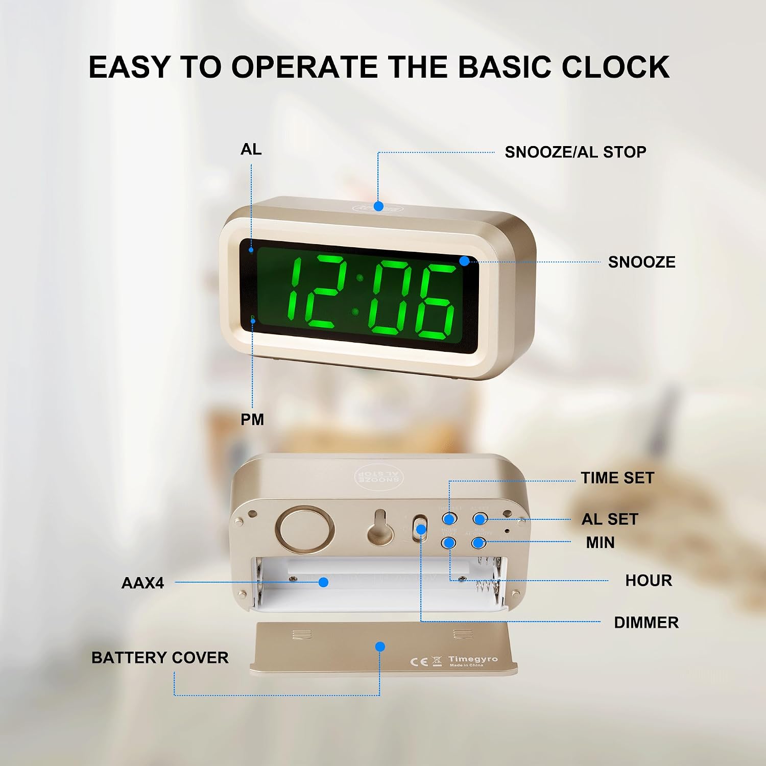 Digital Alarm Clock Battery Operated with LED Display for Bedrooms, Long Battery Life for 12 Months, 3 Brightness Adjustable, 12/24 Hour, Snooze, Black Case with Red Digits