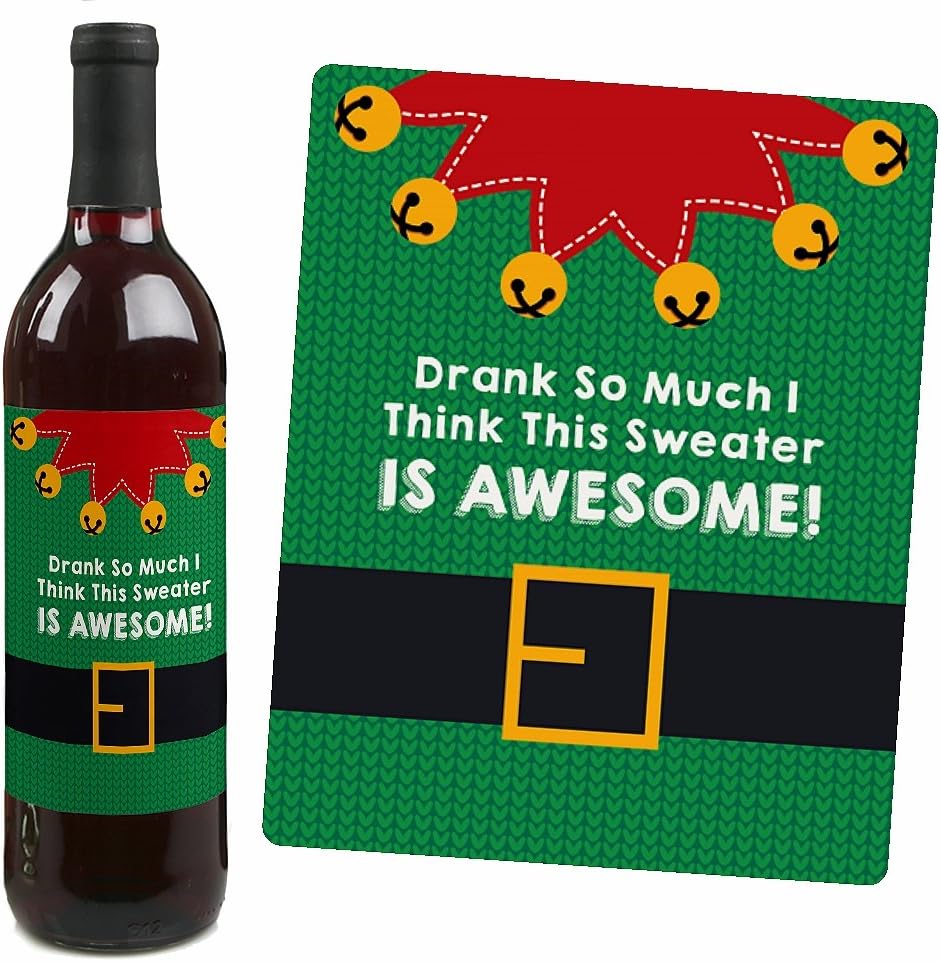 Big Dot of Happiness Ugly Sweater - Holiday and Christmas Wine Bottle Label Stickers - Set of 4