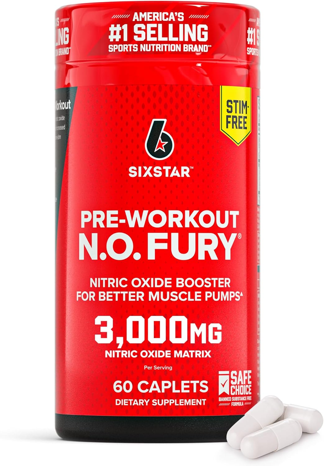 Six Star Pre-Workout N.O Fury Nitric Oxide Booster Pills for Muscle Pumps | Nitric Oxide Booster Pills Muscle Pump Pre Workout Supplement - Sports