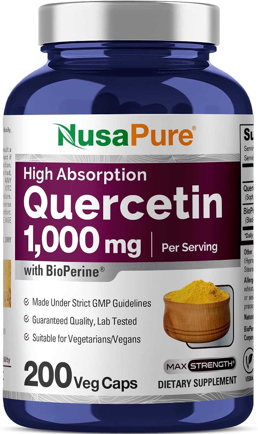 NusaPure Quercetin, Non-GMO, Vegan, 1000mg, 200 Veg Capsules - 100 Servings | Plant Based Formula, Sophora Japonica & BioPerine, Suitable for Adults