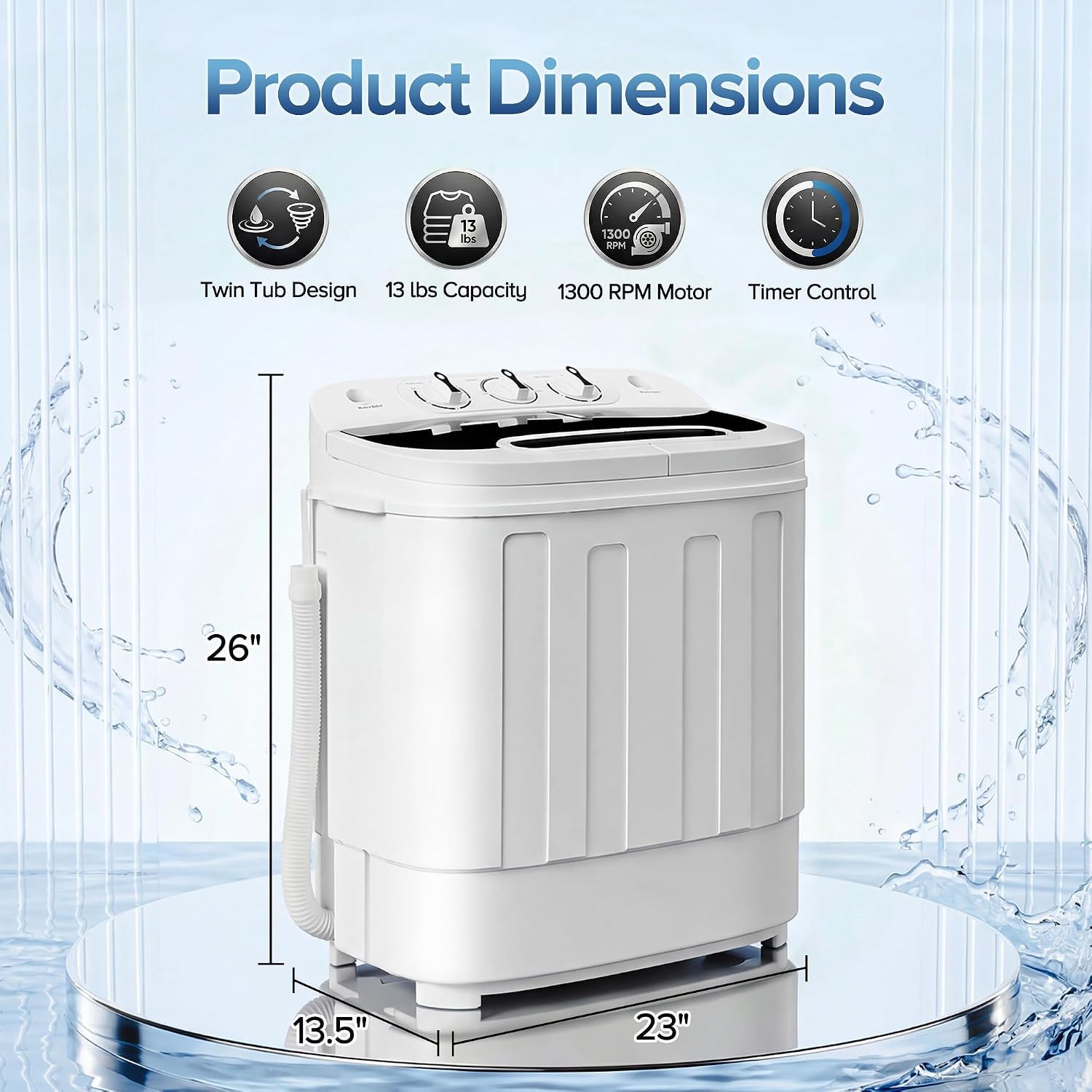 SUPER DEAL Compact Mini Twin Tub Washing Machine 13lbs Capacity Portable Washer Wash and Spin Cycle Combo, Built-in Gravity Drain for Camping