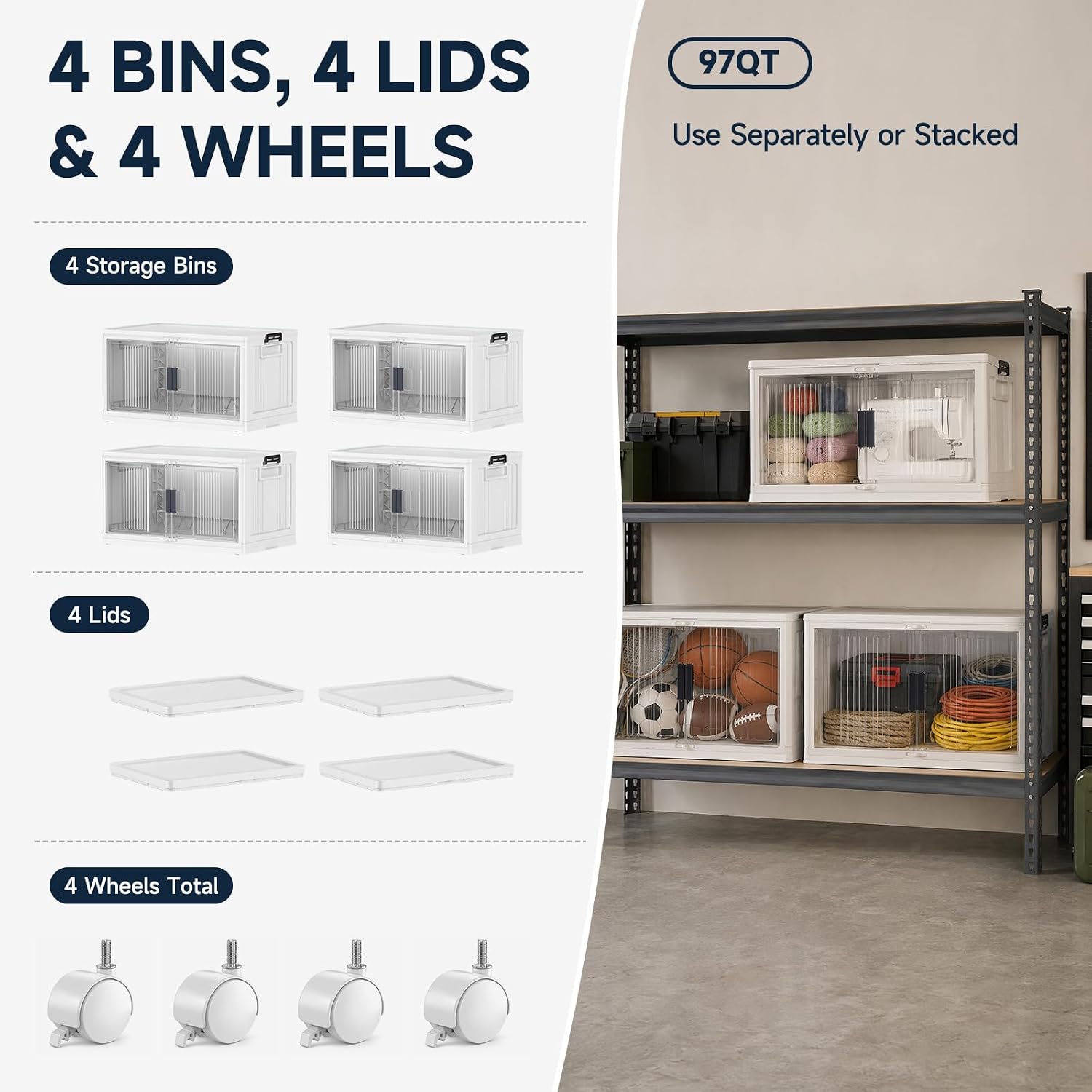 OlarHike 144QT Storage Bins with Lids for Closets, Office, Dorm, 3 Pack | Multi-Lid, Lockable Cabinet, Doors & Wheels, Foldable & Collapsible, Stackable Organizers, Plastic Drawers, School, Game Day