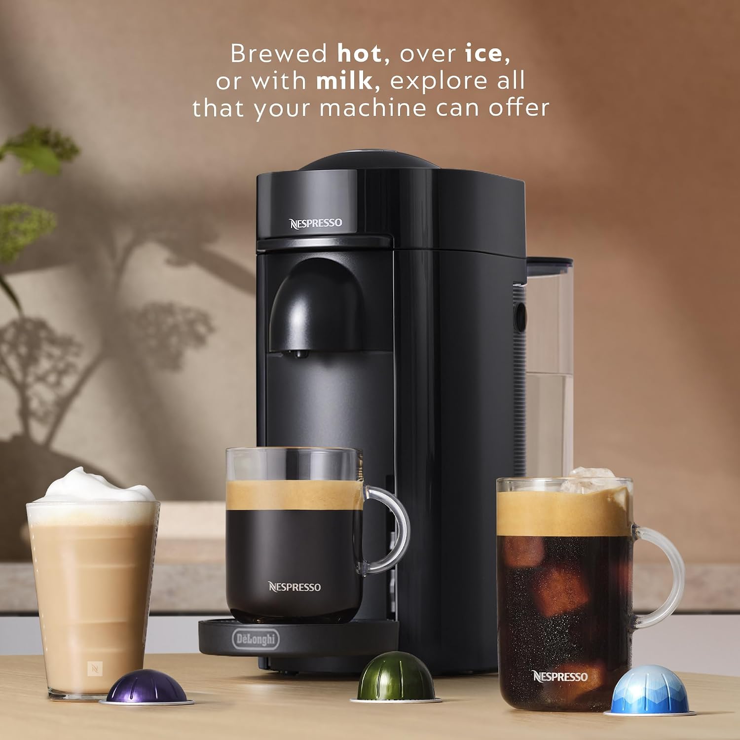 Nespresso Vertuo Plus Coffee & Espresso Maker by De'Longhi, Grey | Grey coffee machine that brews 4 cup sizes: 5 and 8 oz. coffee, plus single and double espresso, at the touch of a button.