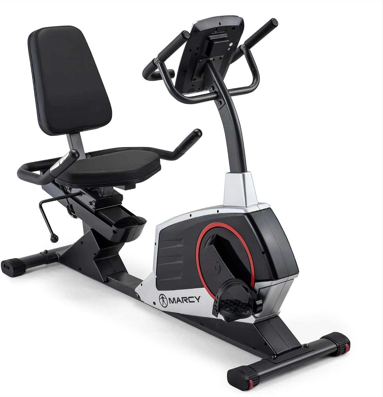 Marcy Regenerating Recumbent Exercise Bike with Adjustable Seat, Pulse Monitor and Transport Wheels ME-706