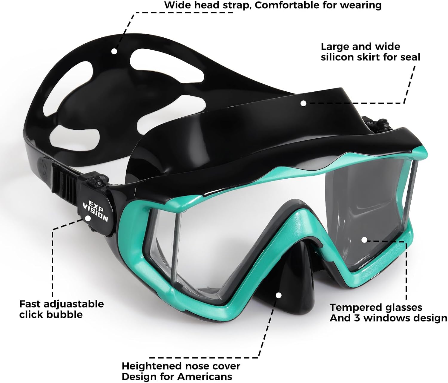 Adult Pano 3 Scuba Diving Mask, Tempered Glass Snorkel Mask Anti-Fog Swim Mask No Leakage Swim Goggles with Nose Cover Snorkeling Gear for Snorkeling