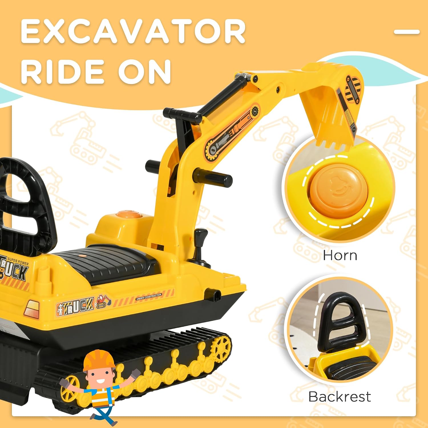 Qaba No Power Ride On Excavator for Boys Girls 18-48 Months Yellow Black