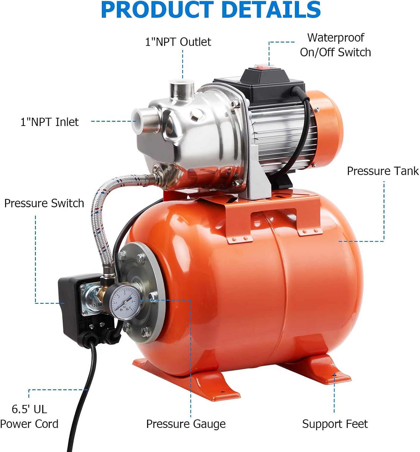 1HP Stainless Steel Water Transfer Pump with Well Pressure Tank – Shallow Well Pump & Irrigation Pump Combo, 130ft Max Lift, 20ft Suction Lift, Automatic Pressure Switch for Farm Use